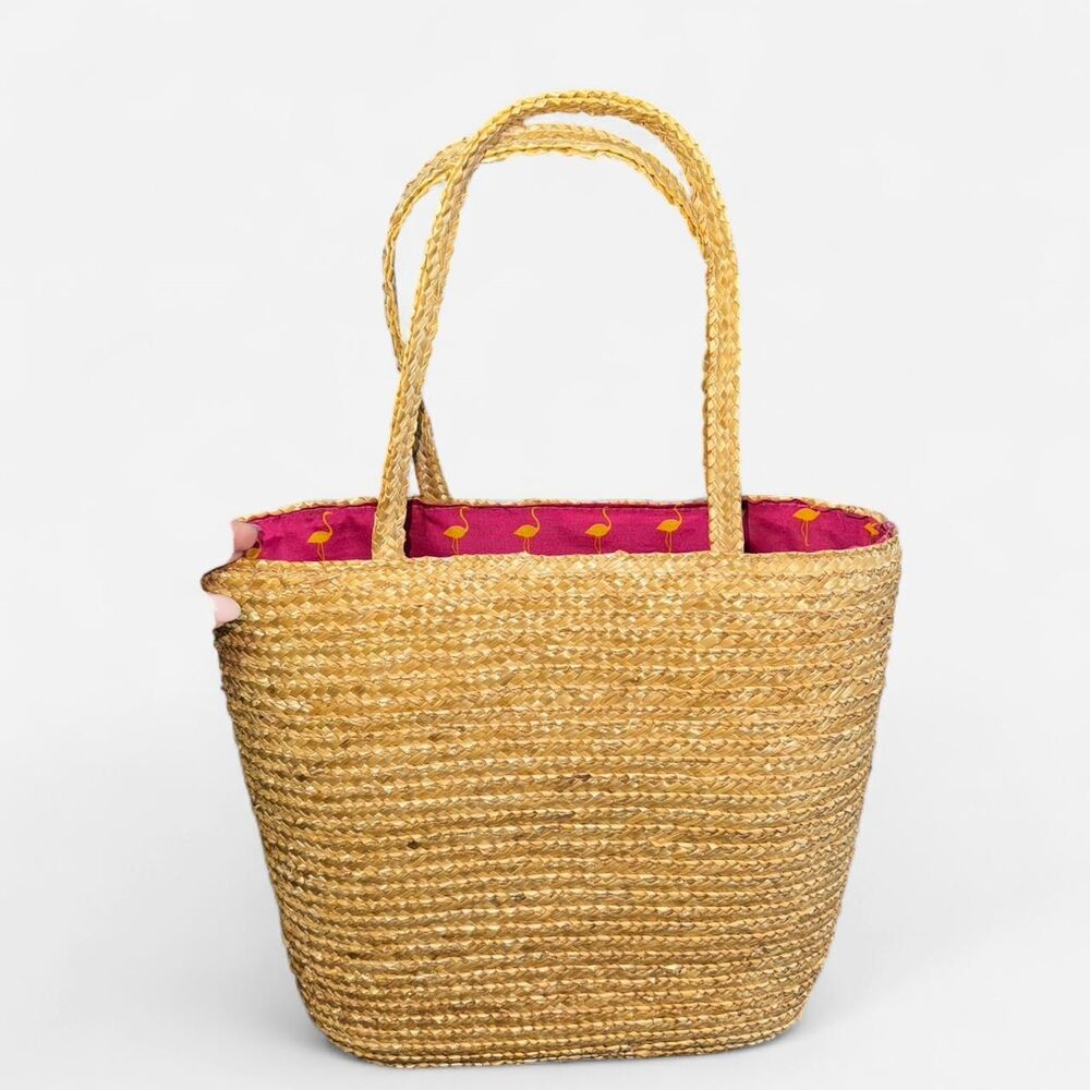 Tan Woven Straw Beach Bag Tote with Pink Flamingo Interior Lining - Picture 2 of 7